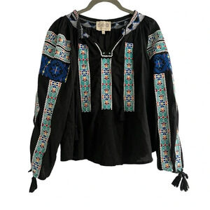 Sea New York Black Peasant Top Embroidered Lined 100% Cotton Size 0